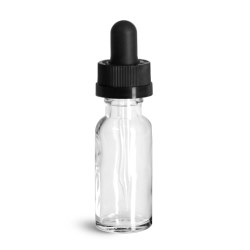1/2 oz Glass Bottles, Clear Glass Boston Rounds w/ Black Child Resistant Glass Droppers