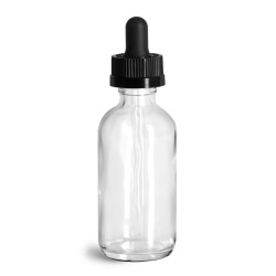 2 oz Glass Bottles, Clear Glass Boston Rounds w/ Black Child Resistant Glass Droppers