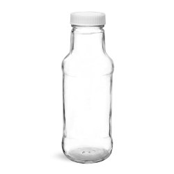 10 oz Glass Bottles, Clear Glass Beverage Bottles w/ White Ribbed PE Lined Caps