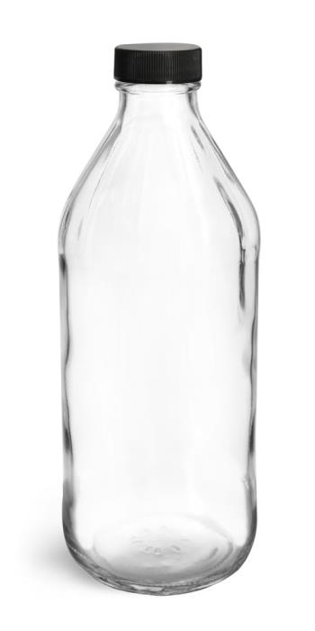 16 oz Glass Bottles, Clear Glass Vinegar Style Round Bottles w/ Black Ribbed Lined Caps