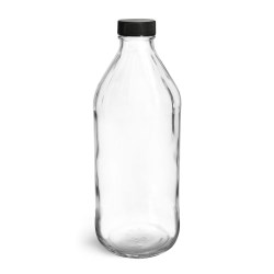 16 oz Glass Bottles, Clear Glass Vinegar Style Round Bottles w/ Black Ribbed Lined Caps