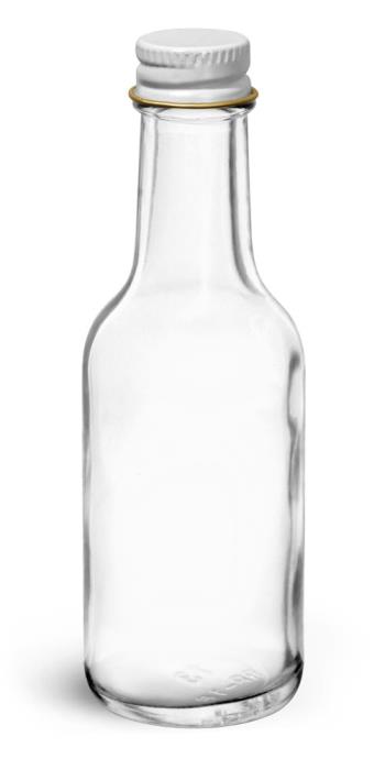 1.7 oz Glass Bottles, Clear Glass Woozy Bottle w/ White Metal Foil Lined Caps