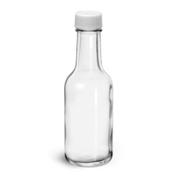 1.7 oz Glass Bottles, Clear Glass Woozy Bottle w/ White Ribbed PE Lined Caps