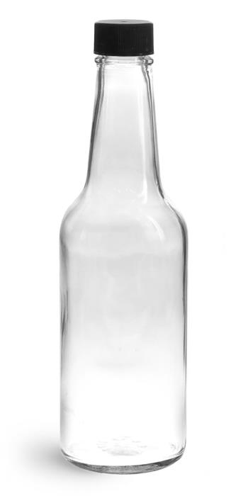 10 oz Clear Glass Sauce Bottles w/ Black Ribbed Lined Caps & Orifice Reducers