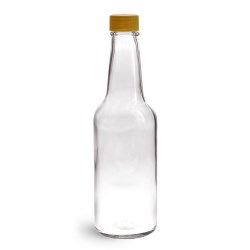 10 oz Clear Glass Sauce Bottles w/ Gold Ribbed Lined Caps & Orifice Reducers