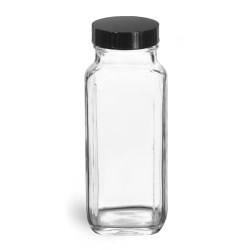 8 oz * Clear Glass French Square Bottles w/ Black Phenolic Cone Lined Caps