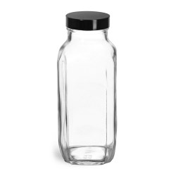 16 oz * Clear Glass French Square Bottles w/ Black Phenolic Cone Lined Caps