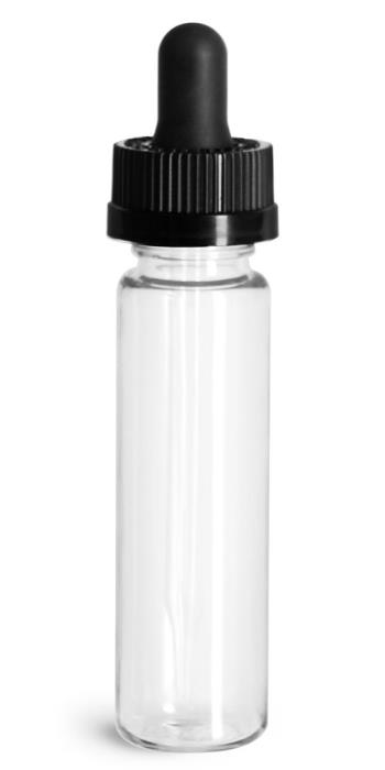 1 oz Plastic Bottles, Clear PET Slim Line Cylinders w/ Black Child Resistant Glass Droppers