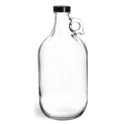 64 oz Clear Glass Round Jugs w/ Black Phenolic Cone Lined Caps