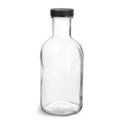 16 oz Glass Bottles, Clear Glass Stout Bottles w/ Black Ribbed Lined Caps