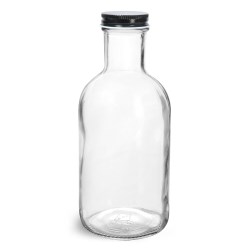 16 oz Glass Bottles, Clear Glass Stout Bottles w/ Black Metal Plastisol Lined Caps