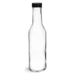 8 oz Clear Glass Sauce Bottles w/ Black Ribbed Lined Caps & Orifice Reducers