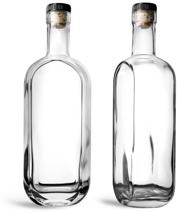 750 ml Clear Glass London Bar Top Bottles w/ Black Ribbed Bar Tops & Natural Corks