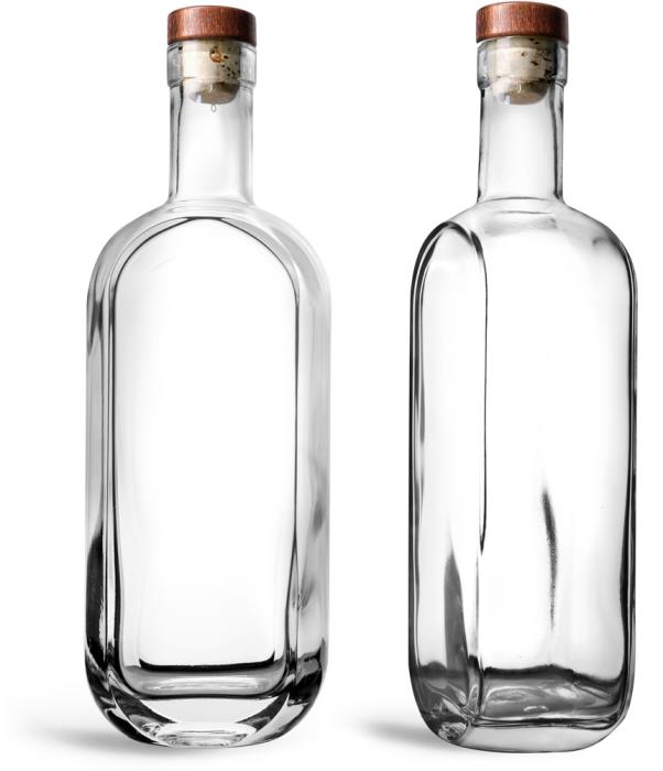 750 ml Clear Glass London Bar Top Bottles w/ Stained Wood Bar Tops & Natural Corks