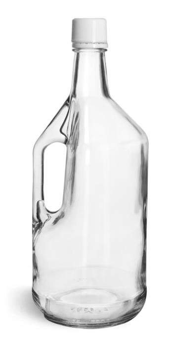 1.75 Liter Glass Bottles, Clear Glass Bottles w/ Handles and White Tamper Evident Closures w/ Pouring Inserts