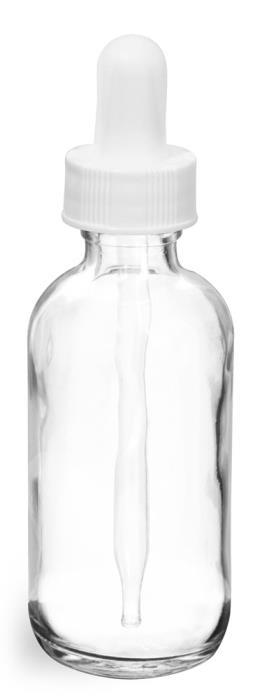 2 oz Clear Glass Round Bottles w/ White Bulb Glass Droppers