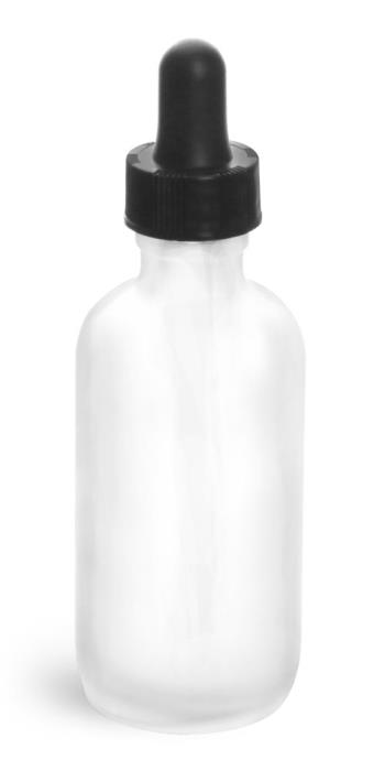 2 oz Glass Bottles, Frosted Glass Rounds w/ Black Bulb Glass Droppers