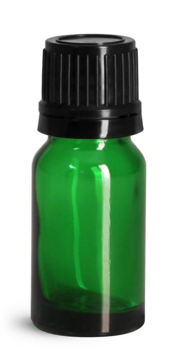 10 ml Glass Bottles, Green Glass Euro Dropper Bottles w/ Black Tamper Evident Caps & Orifice Reducers
