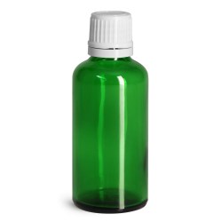 50 ml Glass Bottles, Green Glass Euro Dropper Bottles w/ White Tamper Evident Caps & Orifice Reduce