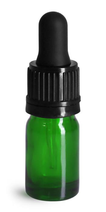 5 ml Glass Bottles, Green Glass Euro Dropper Bottles w/ Black Tamper Evident Bulb Droppers