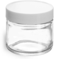 2 oz Clear Glass Jars w/ Lined White Plastic Ribbed Caps