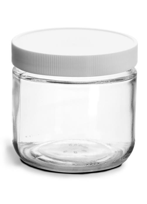 12 oz Clear Glass Jars w/ Lined White Plastic Ribbed Caps