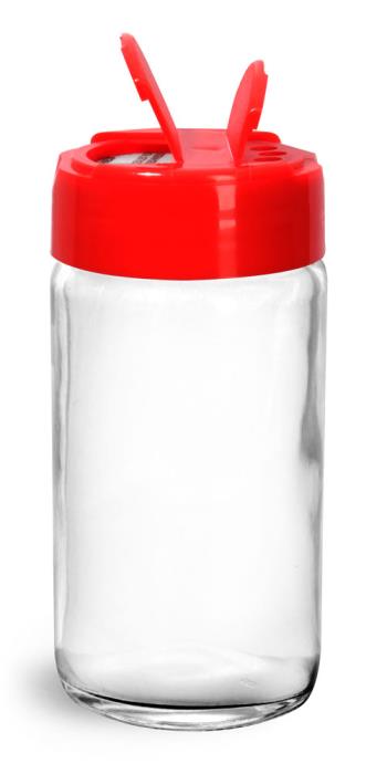 4 oz Glass Jars, Clear Glass Paragon Jars w/ Red Ps 113 Lined Spice Caps