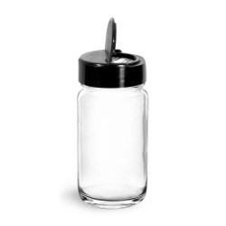 2 oz Glass Jars, Clear Glass Paragon Jars w/ Black Ps 113 Lined Spice Caps