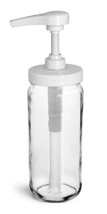 12 oz Glass Jars, Clear Glass Paragon Jars w/ White Polypro Pumps