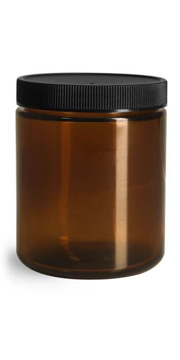 8 oz Glass Jars, Amber Glass Straight Sided Jars w/ Black Ribbed PE Caps