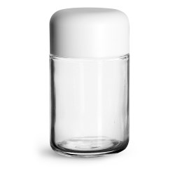 180 ml Clear Glass Child Resistant Wide Mouth Jars w/ Smooth White Child Resistant Dome Caps