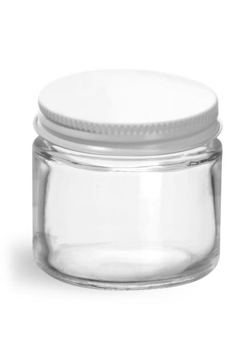2 oz Clear Glass Jars w/ White Metal Plastisol Lined Caps