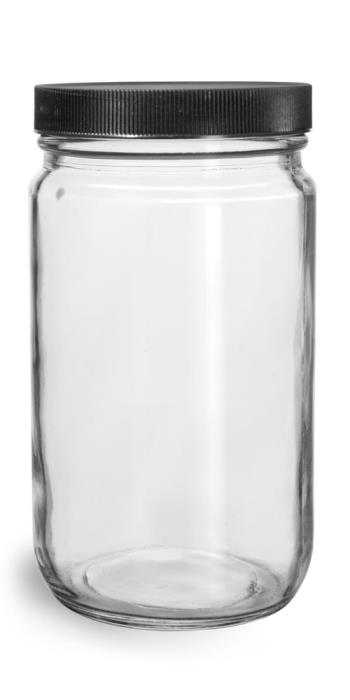 32 oz Clear Glass Jars w/ Lined Black Ribbed Plastic Caps