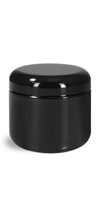 4 oz Plastic Jars, Black Plastic Double Wall Radius Jars w/ Black Lined Dome Caps