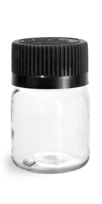 30 cc Plastic Bottles, Clear PET Wide Mouth Rounds w/ Black Child Resistant Lined Caps