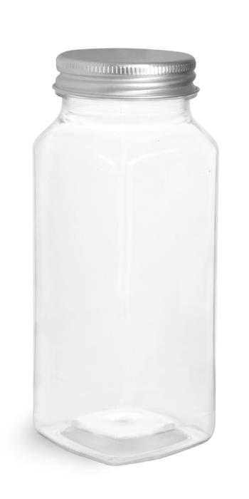 8 oz Clear PET Square Bottles w/ Lined Aluminum Caps