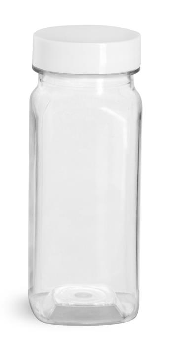 4 oz Clear PET Square Bottles w/ Smooth White PE Lined Caps