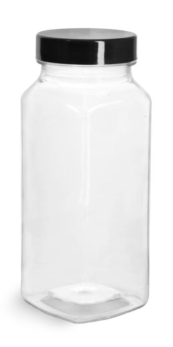 8 oz Clear PET Square Bottles w/ Smooth Black PE Lined Caps