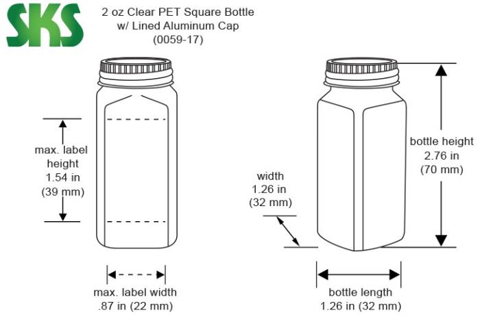 2 oz Clear PET Square Bottles w/ Lined Aluminum Caps