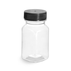 2 oz Clear PET Square Bottles w/ Black Ribbed PE Lined Caps