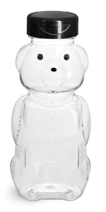 8 oz Plastic Bottles, Clear PET Honey Bear w/ Black Polypro Induction Lined Snap Top Cap