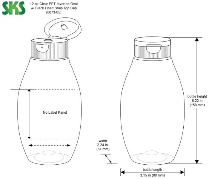 12 oz Plastic Bottles, Clear PET Inverted Ovals w/ Black Lined Snap Top Caps