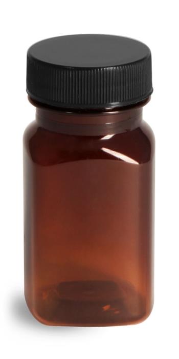 2 oz Plastic Bottles, Amber PET Square Bottles w/ Ribbed Black PE Lined Caps
