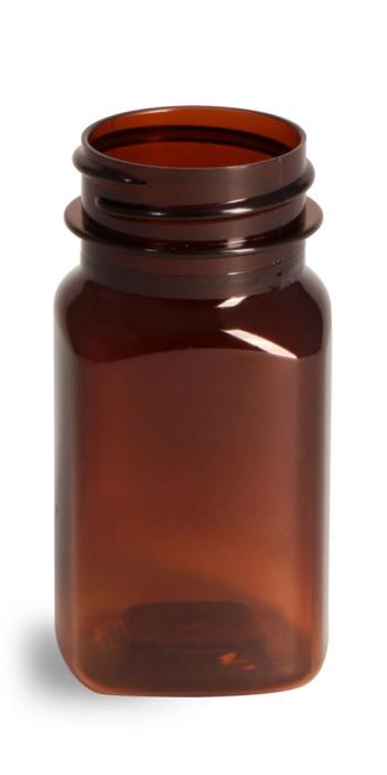2 oz Plastic Bottles, Amber PET Square Bottles