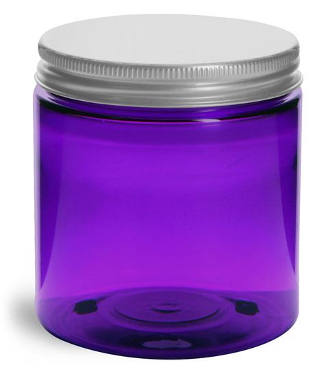 8 oz Plastic Jars, Purple PET Straight Sided Jars w/ Lined Aluminum Caps