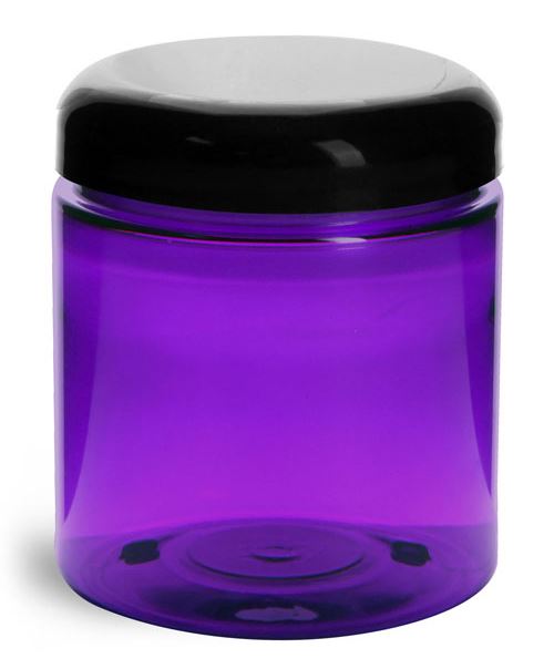 8 oz Plastic Jars, Purple PET Straight Sided Jars w/ Black Smooth Lined Dome Caps