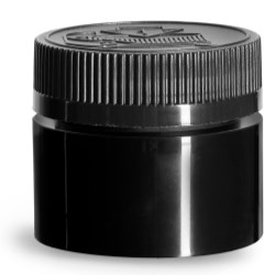 1.5 oz Black Polypropylene Open Bottom Jars w/ Black PE Lined Child Resistant Caps