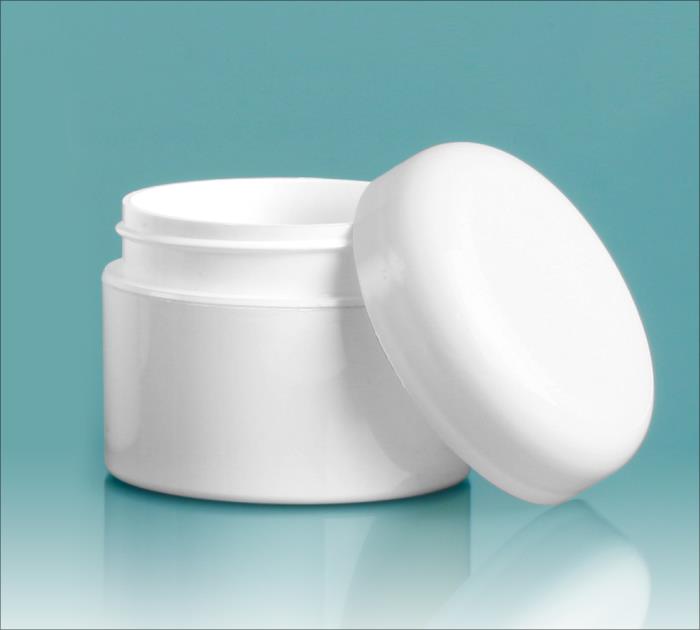 1 oz White Polypro Double Wall Straight Sided Jars w/ White Lined Dome Caps