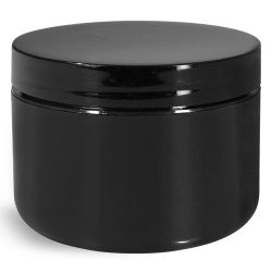8 oz Plastic Jars, Black Polypro Double Wall Radius Jars w/ Smooth Black Lined Caps