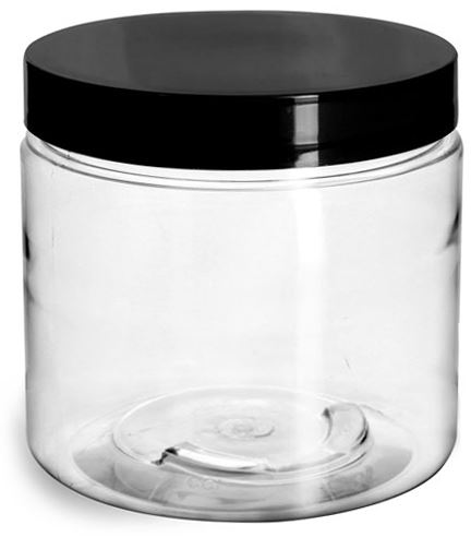 16 oz Plastic Jars, Clear PET Straight Sided Jars w/ Black Smooth Induction Lined Caps